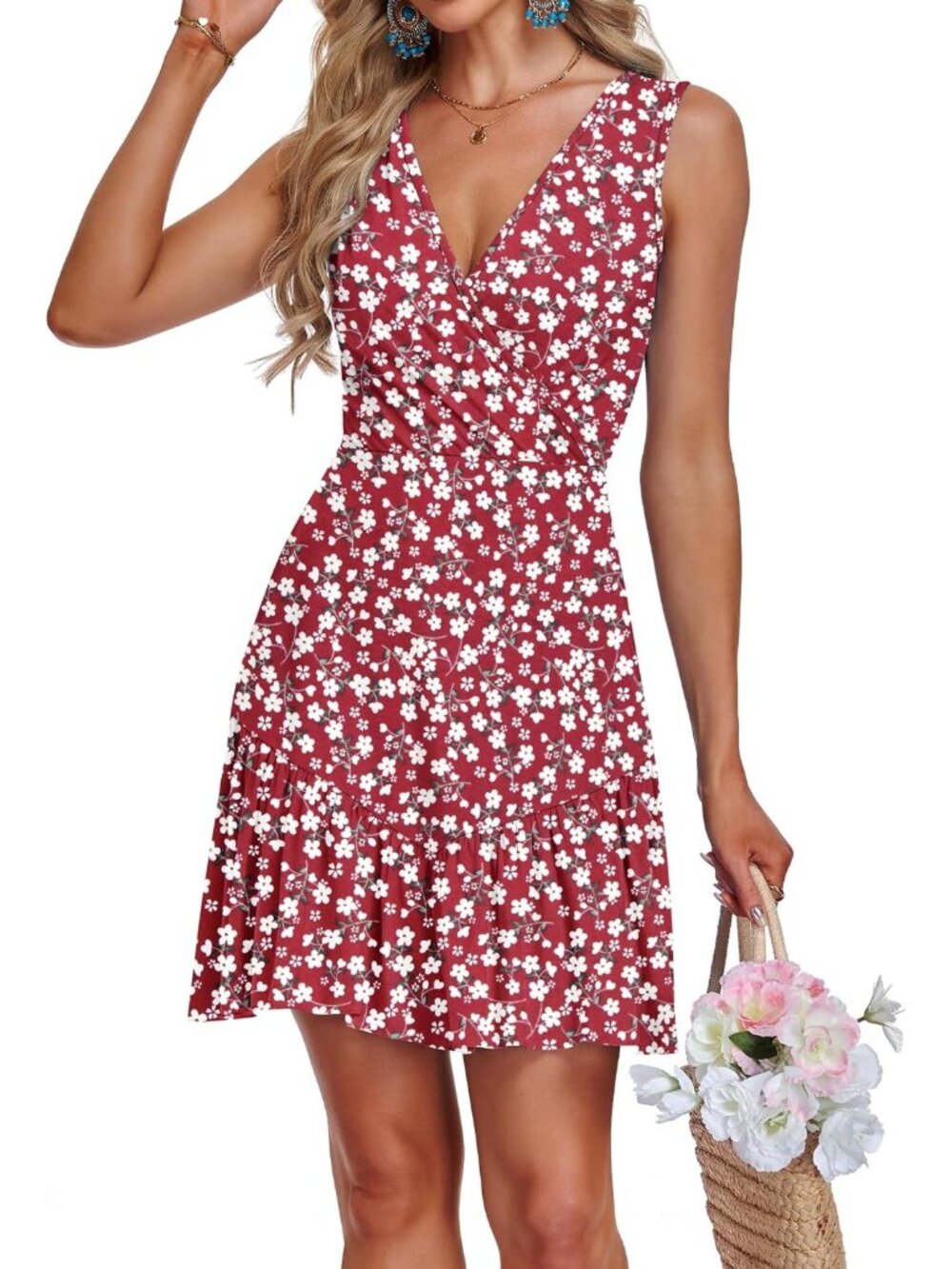 Women's Red Floral V Neck Sleeveless Sexy Summer Dresses Stylish Mini Dress